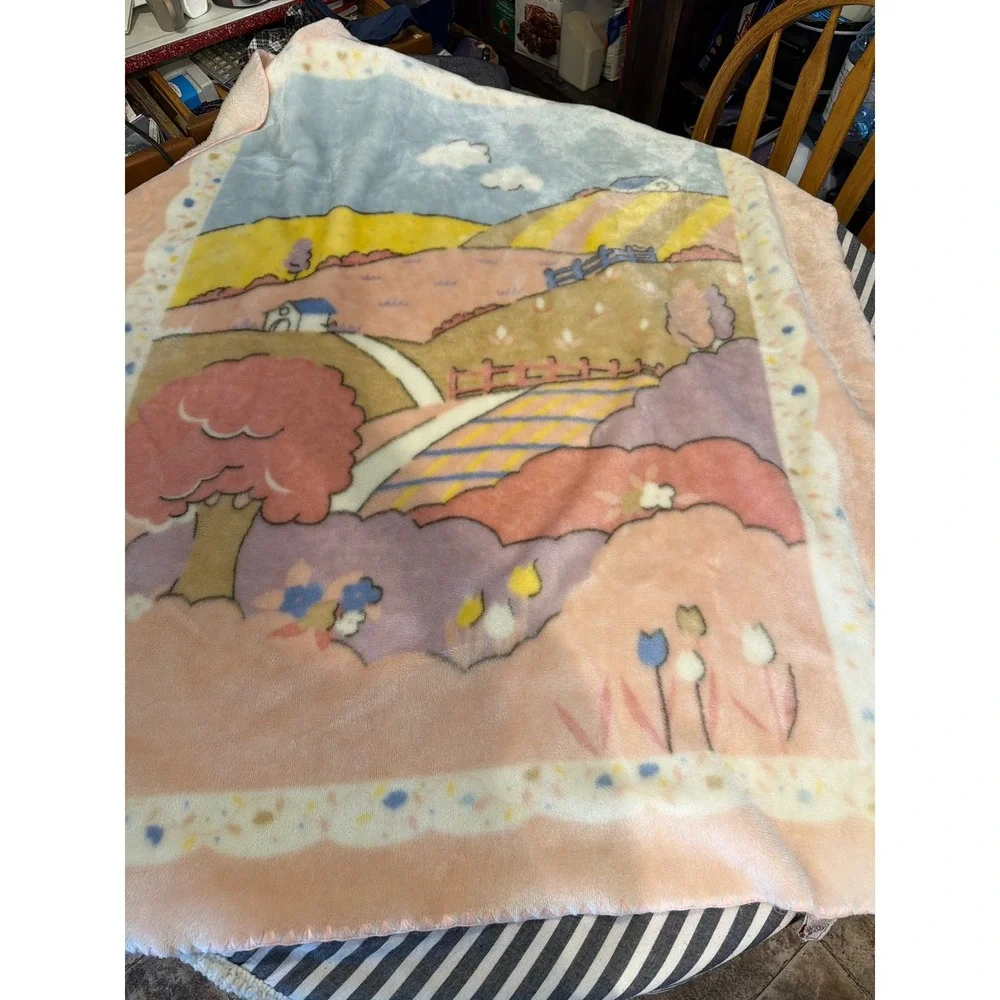 Vintage Rasilan Spain Plush Baby Blanket Pastel Country Landscape 110x140cm 2007